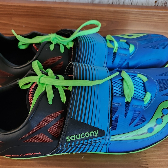 Men's Saucony Soarin J2 USA Size 10 Track Shoes Spikes Blue, Neon Green (Slime). - Picture 3 of 9